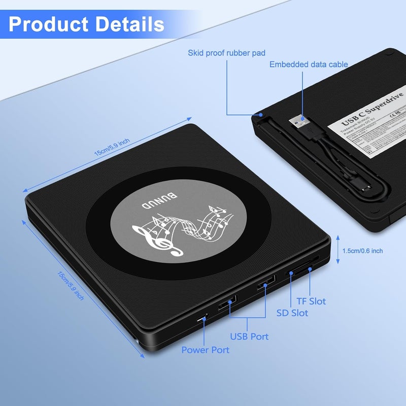 BVNUD External Blu Ray CD DVD Drive, USB Blu Ray Drive External Bluray Burner Read/Write BD Player with 2 USB and TF/SD Slots, Optical Blue Ray CD DVD Reader for Laptop Apple PC Windows 11 MacBook Pro Air - Image 5